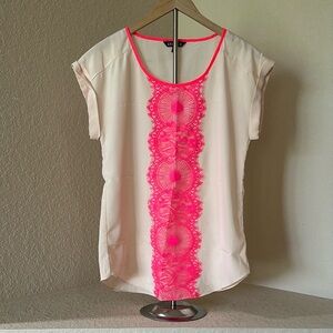 Express Cream Blouse with Neon Pink Lace